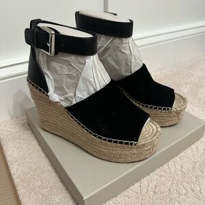 Marc Fisher Black and Tan Wedge Espadrilles with Ankle Strap